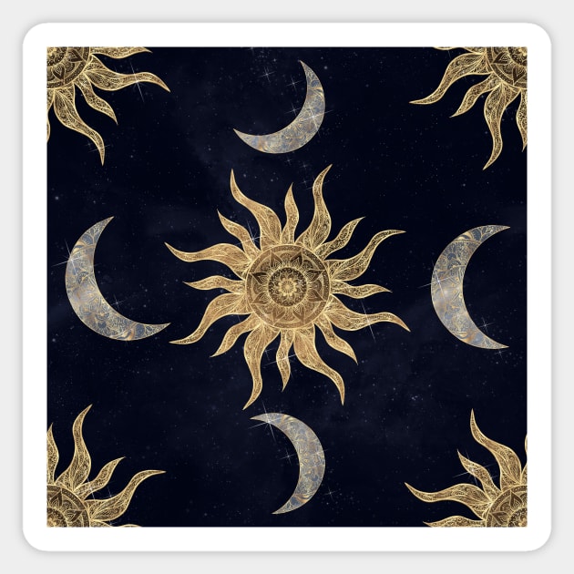 Gold Moon Sun Mandala Blue Night Sky Pattern Sticker by NdesignTrend